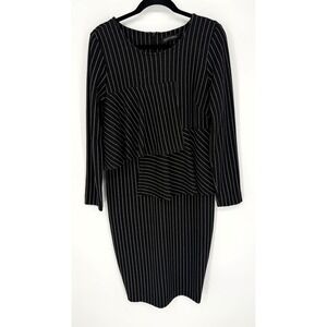 KEDZIOREK BLACK PINSTRIPE PENCIL DRESS WITH ASYMMETRICAL RUFFLE BODICE